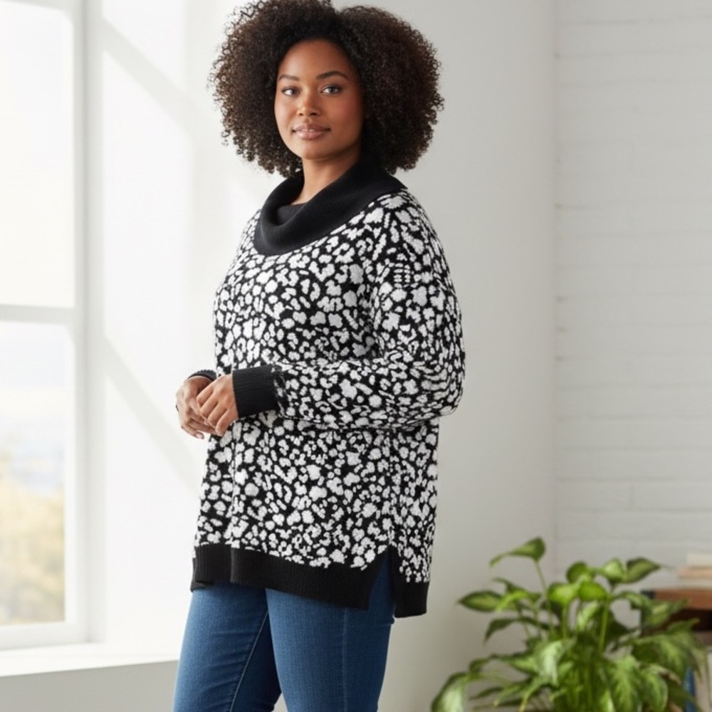 Emaline Sweater Black/White Patterned Turtleneck in Size‎ 1X, 2X, & 3X  NWT